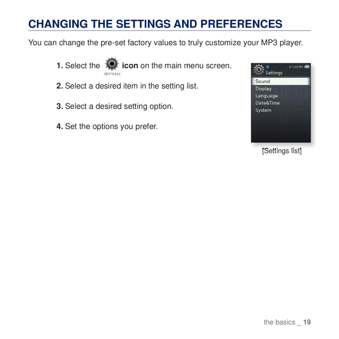 Samsung YP-Q2JCB/XAA, YP-Q2JEW/XEF, YP-Q2JCW/XEF, YP-Q2JCB/XEF, YP-Q2JEB/XEF manual Changing the Settings and Preferences 