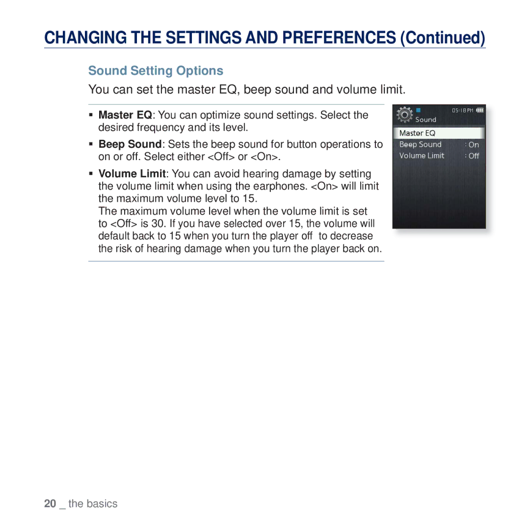 Samsung YP-Q2JEW/XEF, YP-Q2JCB/XAA manual Sound Setting Options, You can set the master EQ, beep sound and volume limit 