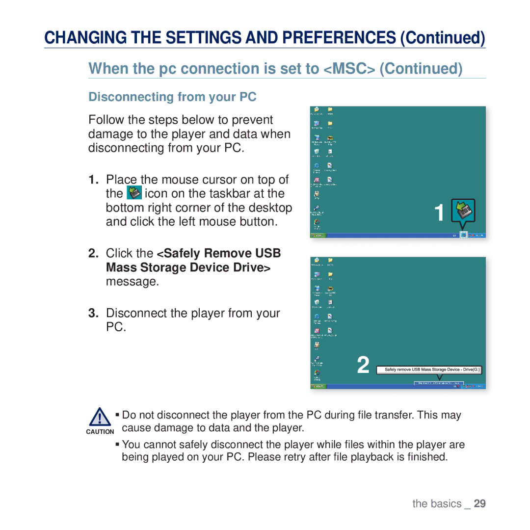 Samsung YP-Q2JCW/EDC, YP-Q2JCB/XAA, YP-Q2JEW/XEF manual Disconnecting from your PC, Disconnect the player from your PC 