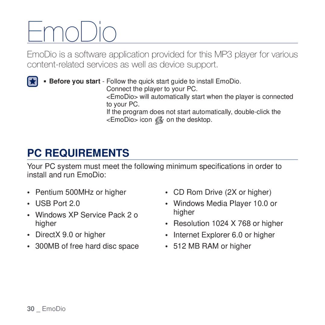 Samsung YP-Q2JCB/EDC, YP-Q2JCB/XAA, YP-Q2JEW/XEF, YP-Q2JCW/XEF, YP-Q2JCB/XEF, YP-Q2JEB/XEF manual EmoDio, PC Requirements 