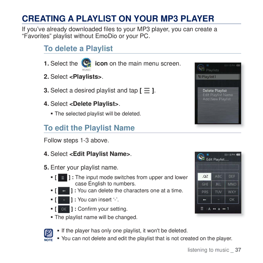 Samsung YP-Q2JEB/XEE, YP-Q2JCB/XAA Creating a Playlist on Your MP3 Player, To delete a Playlist, To edit the Playlist Name 