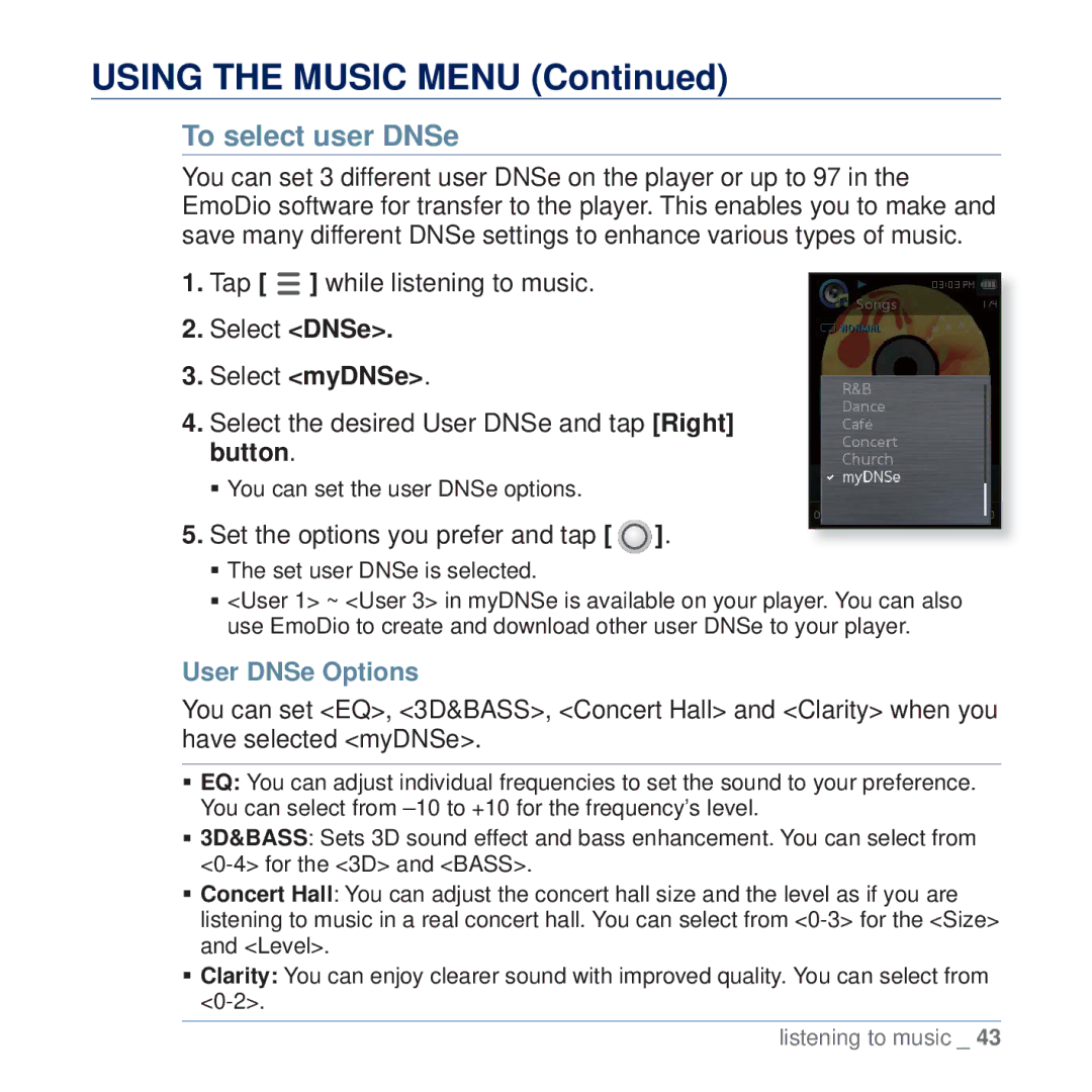 Samsung YP-Q2JAB/XEF, YP-Q2JCB/XAA, YP-Q2JEW/XEF, YP-Q2JCW/XEF manual Set the options you prefer and tap, User DNSe Options 