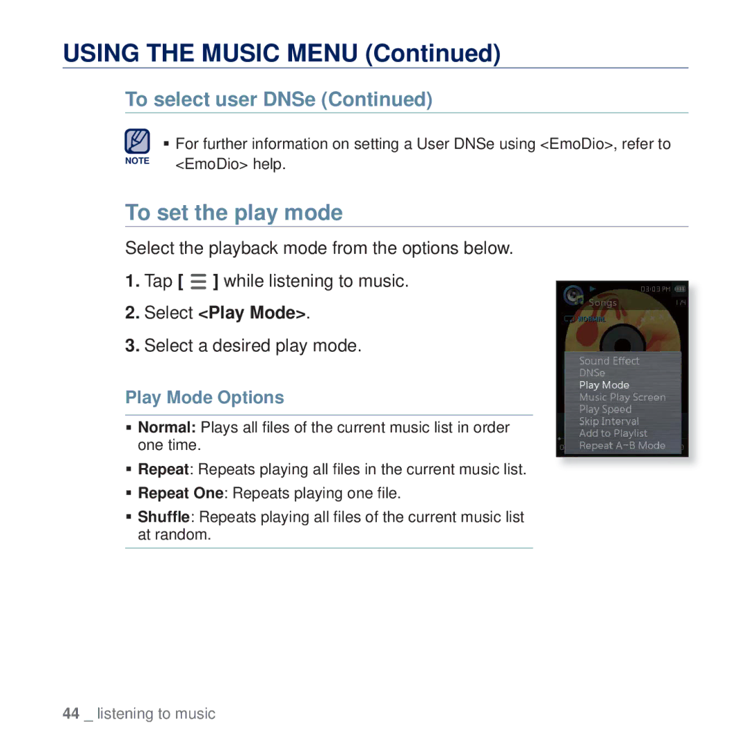 Samsung YP-Q2JAW/XEF, YP-Q2JCB/XAA To set the play mode, Select Play Mode, Select a desired play mode, Play Mode Options 