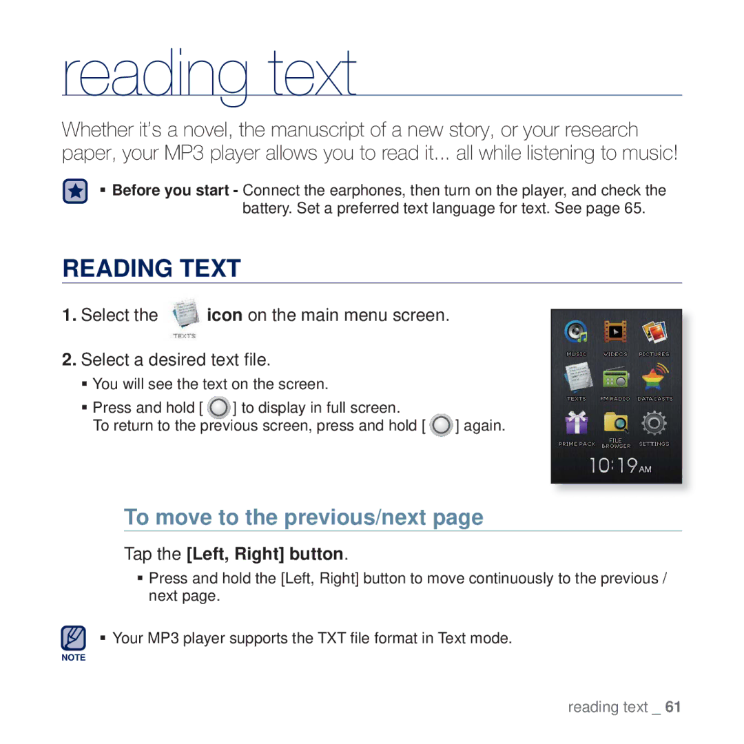 Samsung YP-Q2JEB/XEF, YP-Q2JCB/XAA Reading text, Reading Text, To move to the previous/next, Tap the Left, Right button 