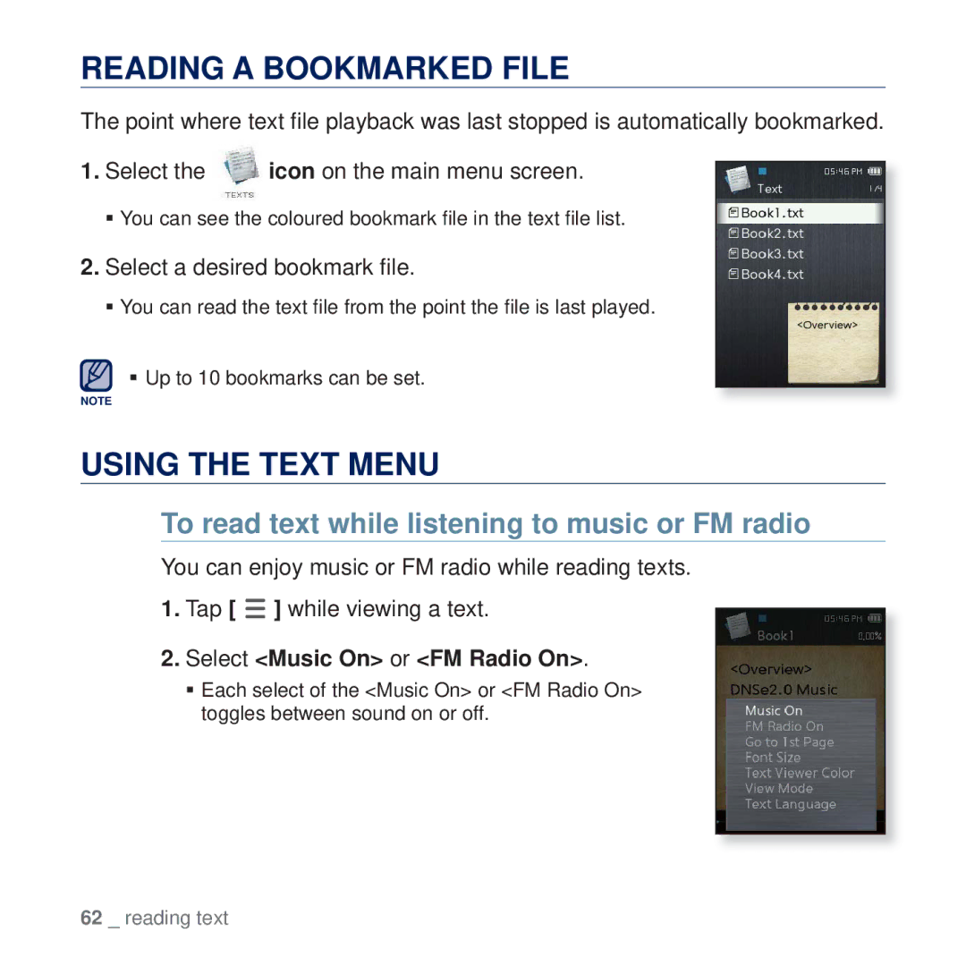 Samsung YP-Q2JAB/XEF Reading a Bookmarked File, Using the Text Menu, To read text while listening to music or FM radio 