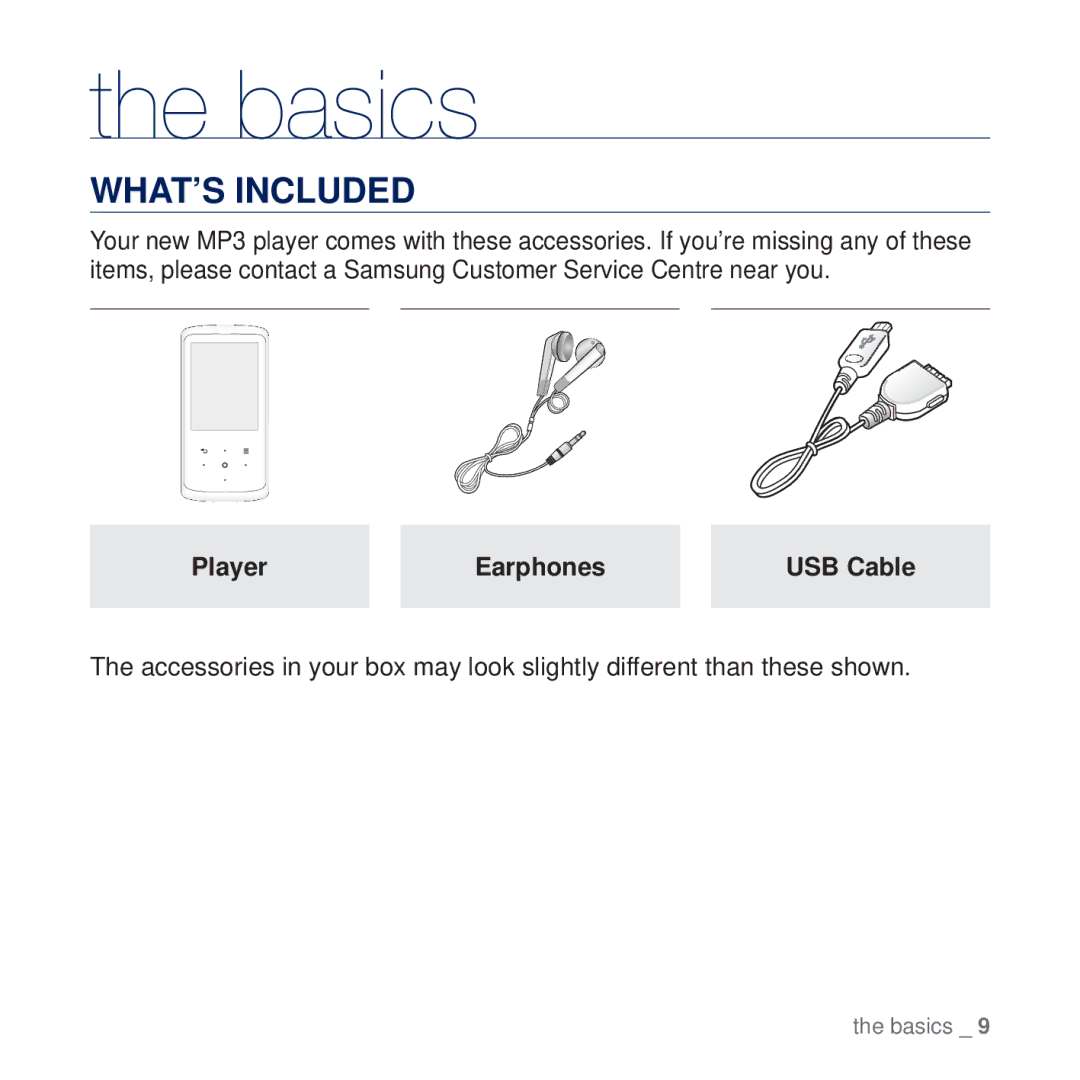 Samsung YP-Q2JEW/EDC, YP-Q2JCB/XAA, YP-Q2JEW/XEF, YP-Q2JCW/XEF, YP-Q2JCB/XEF manual Basics, WHAT’S Included, Player Earphones 