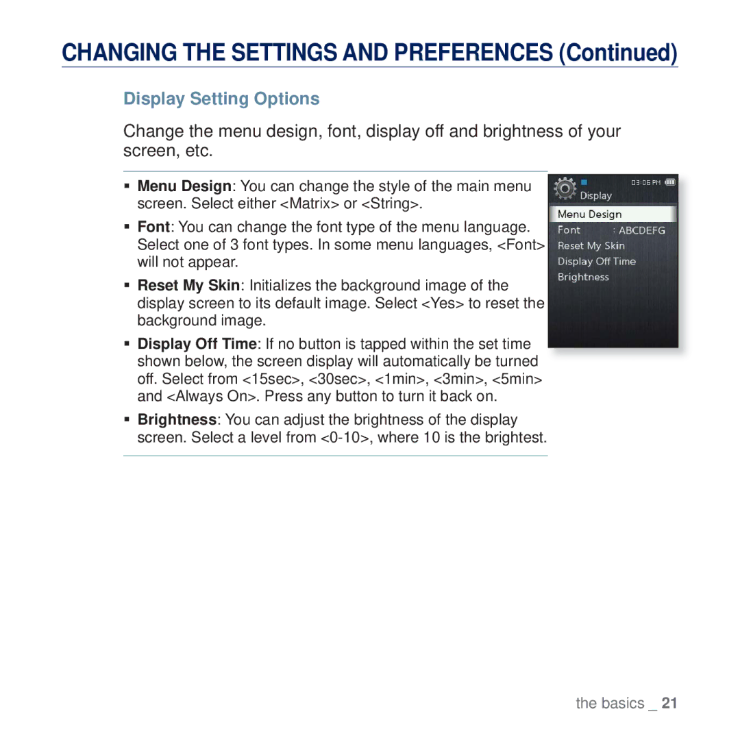 Samsung YP-Q2JCW/XEF, YP-Q2JCB/XAA, YP-Q2JEW/XEF, YP-Q2JCB/XEF, YP-Q2JEB/XEF, YP-Q2JAB/XEF manual Display Setting Options 