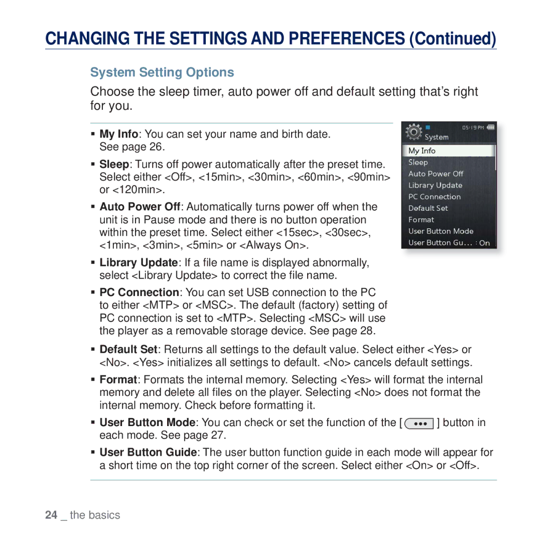 Samsung YP-Q2JAB/XEF, YP-Q2JCB/XAA, YP-Q2JEW/XEF, YP-Q2JCW/XEF, YP-Q2JCB/XEF, YP-Q2JEB/XEF, YP-Q2JAW/XEF System Setting Options 