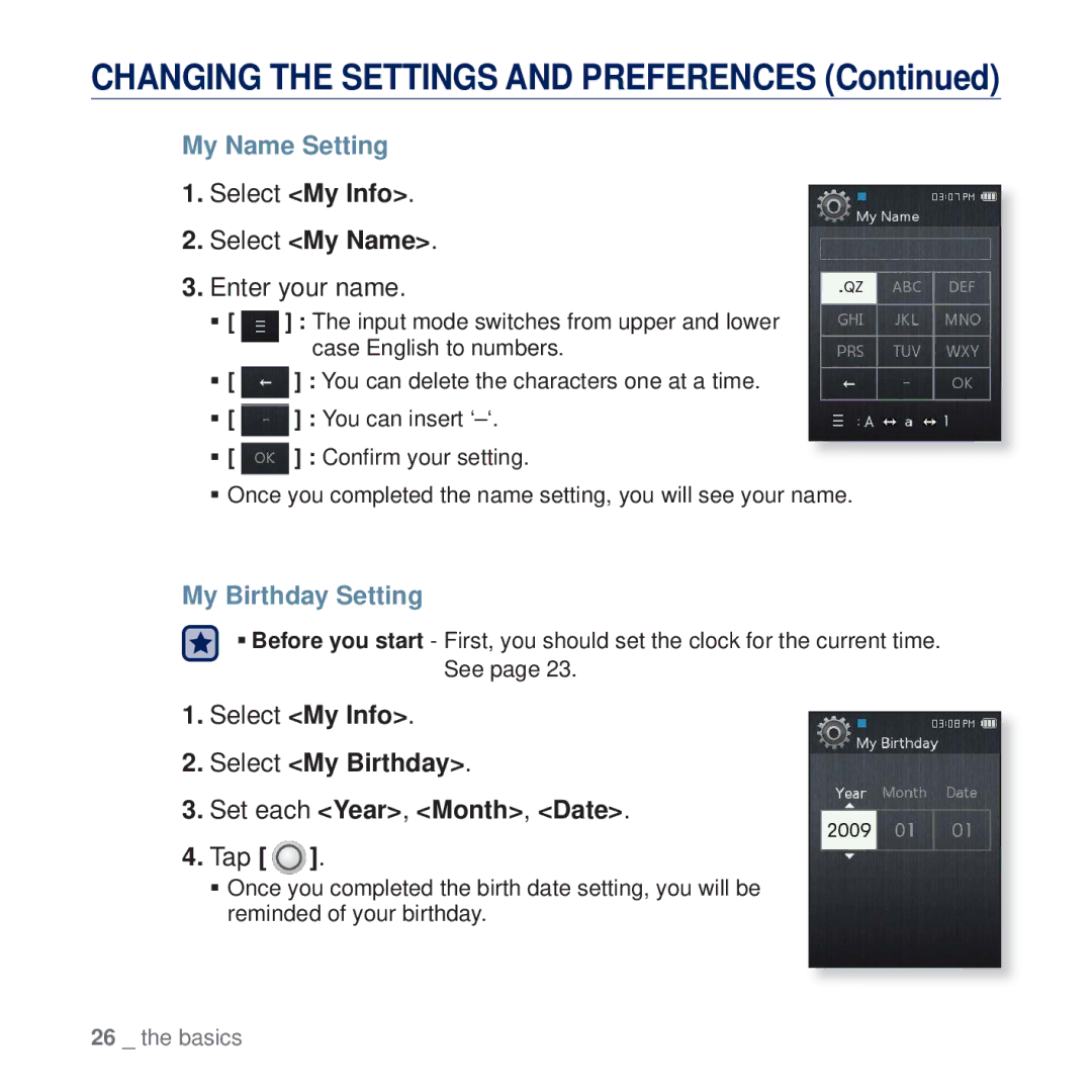 Samsung YP-Q2JAB/EDC manual My Name Setting, Select My Info Select My Name, Enter your name, My Birthday Setting, Tap 