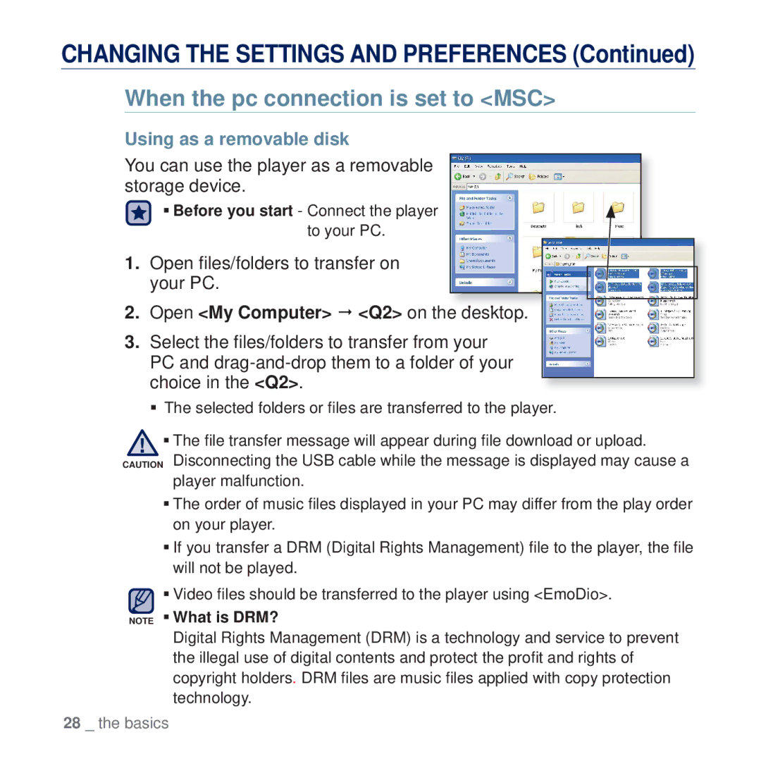 Samsung YP-Q2JEW/EDC, YP-Q2JCB/XAA, YP-Q2JEW/XEF manual When the pc connection is set to MSC, Using as a removable disk 