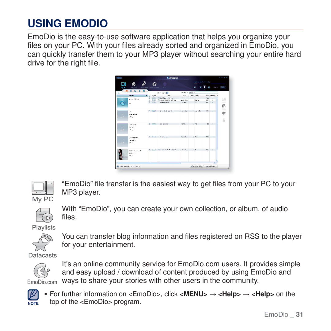 Samsung YP-Q2JAW/EDC, YP-Q2JCB/XAA, YP-Q2JEW/XEF, YP-Q2JCW/XEF, YP-Q2JCB/XEF, YP-Q2JEB/XEF, YP-Q2JAB/XEF manual Using Emodio 