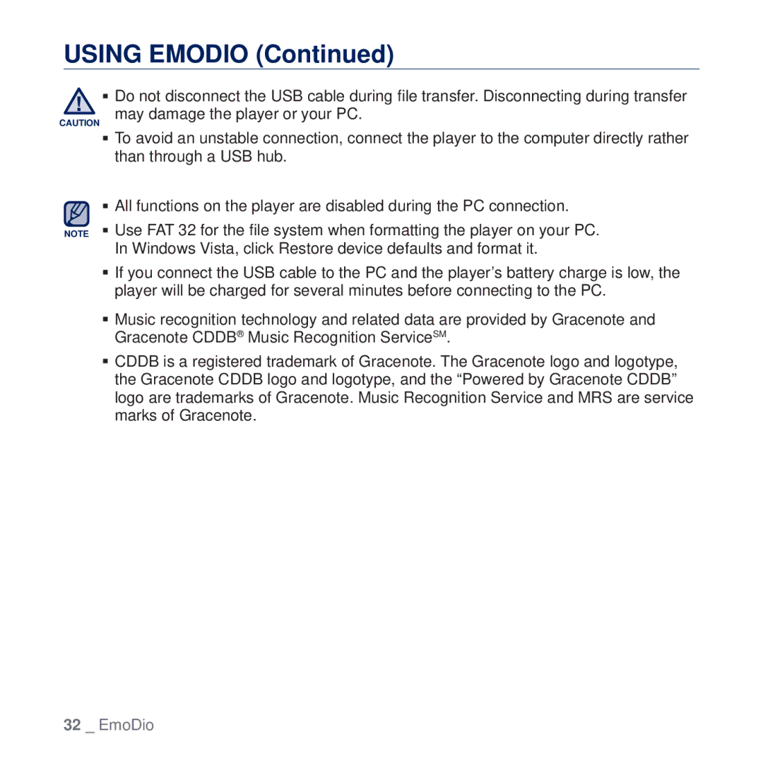 Samsung YP-Q2JCW/XEE, YP-Q2JCB/XAA, YP-Q2JEW/XEF, YP-Q2JCW/XEF, YP-Q2JCB/XEF, YP-Q2JEB/XEF, YP-Q2JAB/XEF manual Using Emodio 