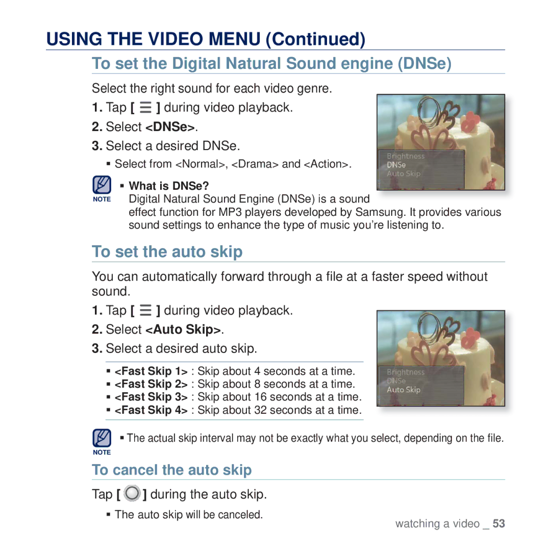 Samsung YP-Q2JAB/XEE manual Using the Video Menu, To set the auto skip, Select Auto Skip, Select a desired auto skip 