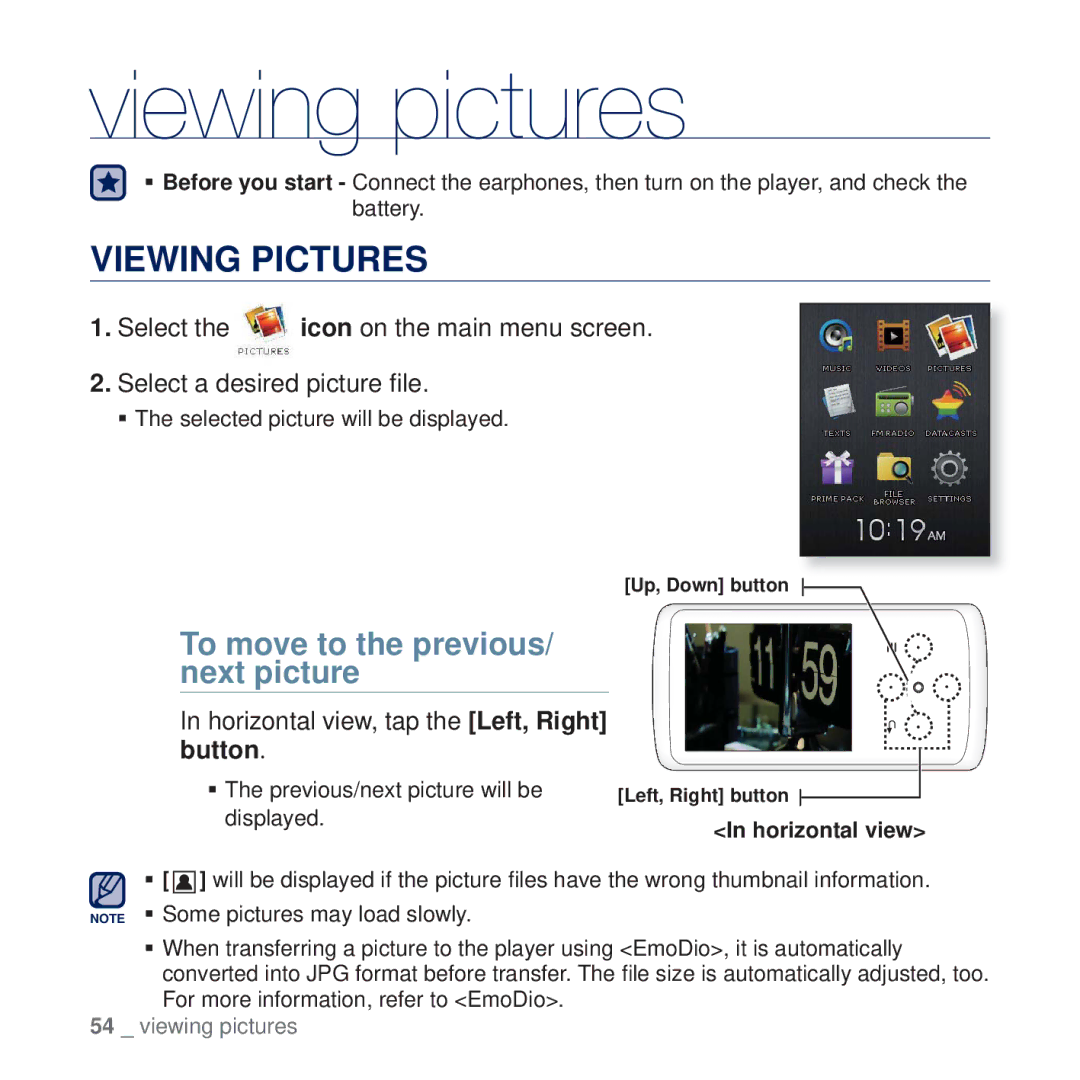 Samsung YP-Q2JCB/XEE, YP-Q2JCB/XAA, YP-Q2JEW/XEF Viewing pictures, Viewing Pictures, To move to the previous/ next picture 