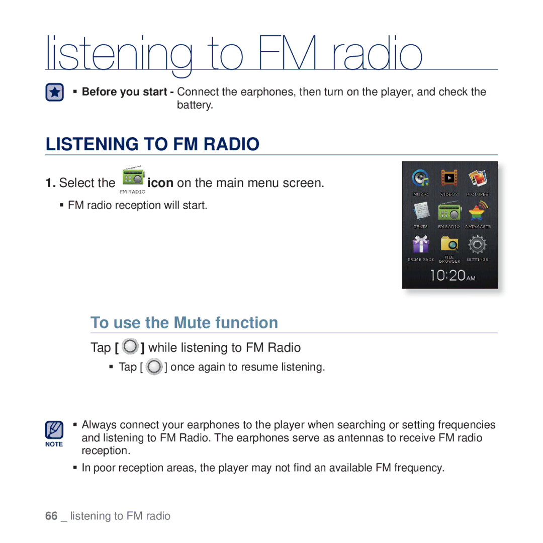 Samsung YP-Q2JEW/EDC, YP-Q2JCB/XAA, YP-Q2JEW/XEF Listening to FM radio, Listening to FM Radio, To use the Mute function 