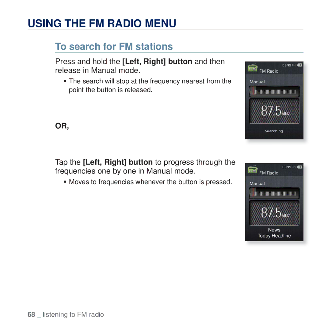 Samsung YP-Q2JCB/EDC, YP-Q2JCB/XAA, YP-Q2JEW/XEF, YP-Q2JCW/XEF manual Using the FM Radio Menu, To search for FM stations 