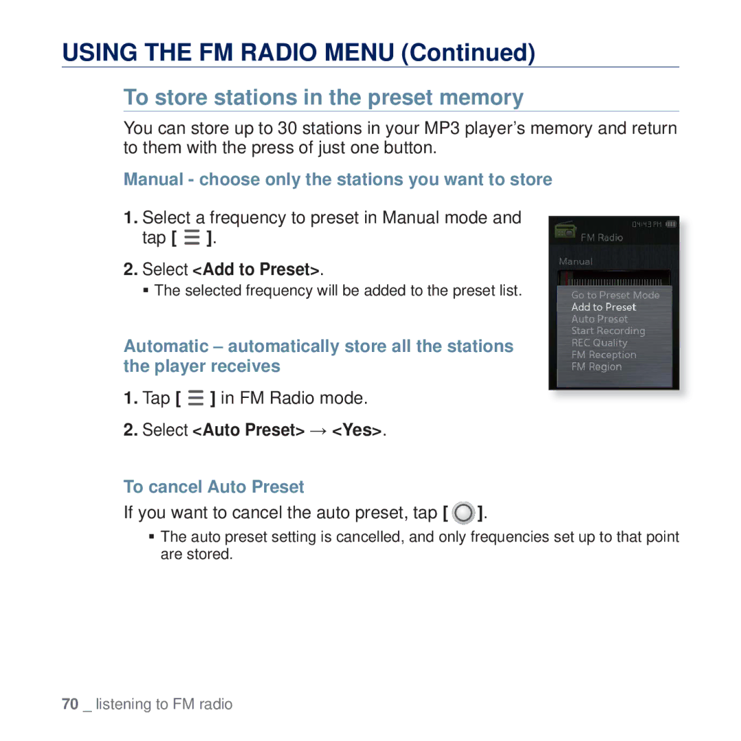 Samsung YP-Q2JCW/XEE manual To store stations in the preset memory, Manual choose only the stations you want to store 