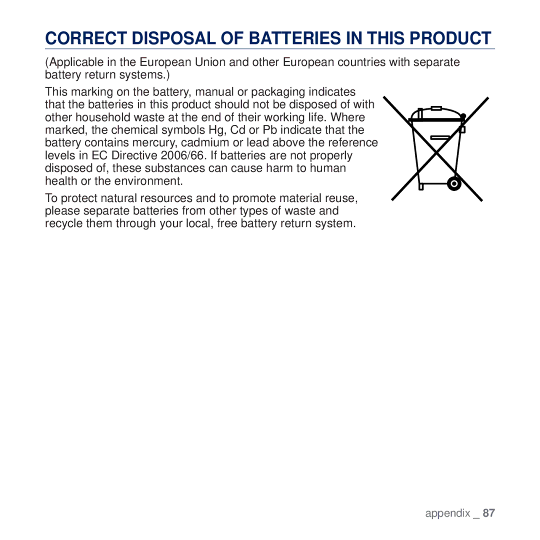 Samsung YP-Q2JCB/EDC, YP-Q2JCB/XAA, YP-Q2JEW/XEF, YP-Q2JCW/XEF, YP-Q2JCB/XEF Correct Disposal of Batteries in this Product 