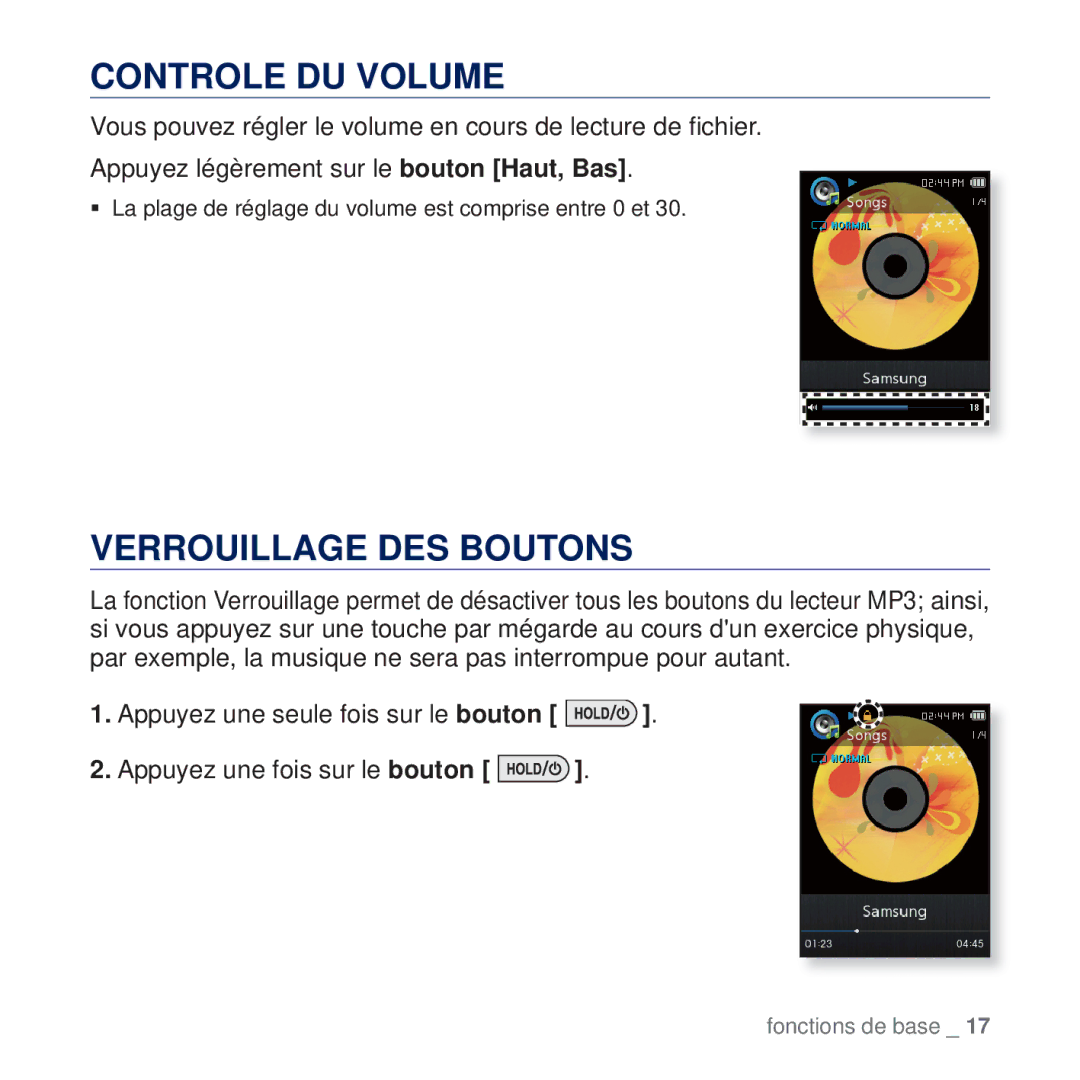 Samsung YP-Q2JCB/XEF, YP-Q2JCB/XAA, YP-Q2JEW/XEF, YP-Q2JCW/XEF, YP-Q2JEB/XEF Controle DU Volume, Verrouillage DES Boutons 