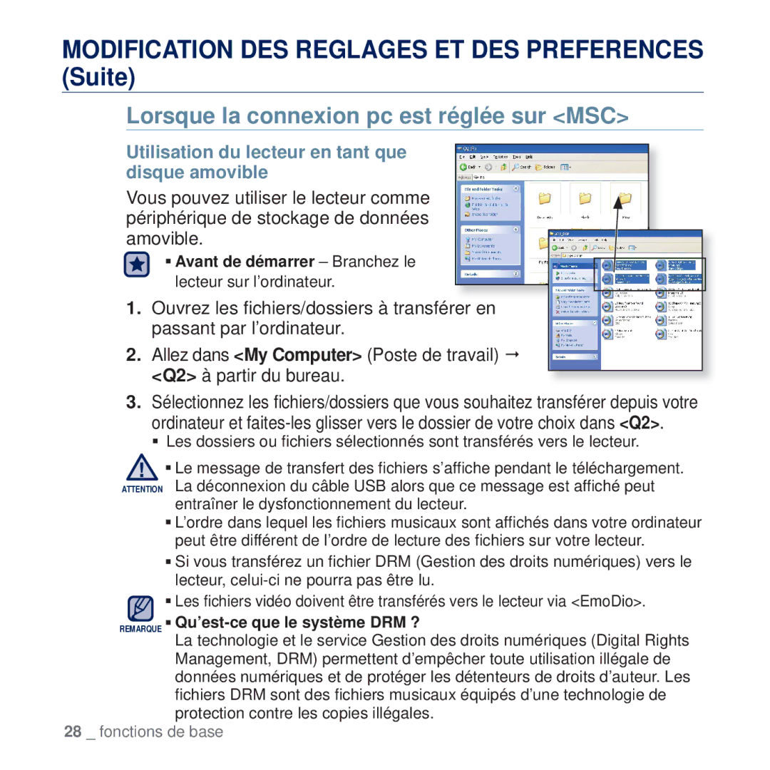 Samsung YP-Q2JCB/XAA manual Lorsque la connexion pc est réglée sur MSC, Utilisation du lecteur en tant que disque amovible 