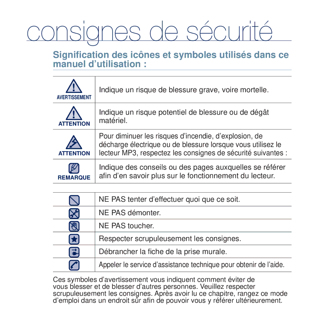 Samsung YP-Q2JCB/XEF, YP-Q2JCB/XAA, YP-Q2JEW/XEF, YP-Q2JCW/XEF, YP-Q2JEB/XEF, YP-Q2JAB/XEF, YP-Q2JAW/XEF Consignes de sécurité 