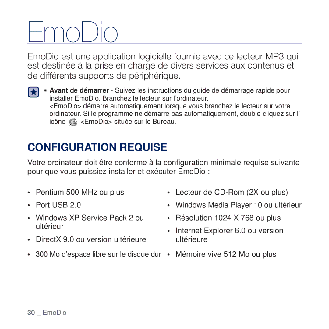 Samsung YP-Q2JCW/XEF, YP-Q2JCB/XAA, YP-Q2JEW/XEF, YP-Q2JCB/XEF, YP-Q2JEB/XEF, YP-Q2JAB/XEF manual EmoDio, Configuration Requise 