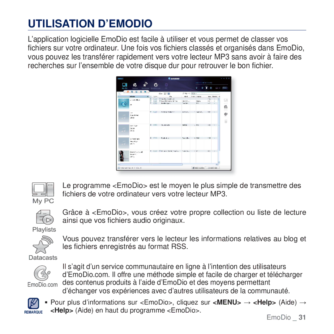 Samsung YP-Q2JCB/XEF, YP-Q2JCB/XAA, YP-Q2JEW/XEF, YP-Q2JCW/XEF, YP-Q2JEB/XEF, YP-Q2JAB/XEF, YP-Q2JAW/XEF Utilisation D’EMODIO 