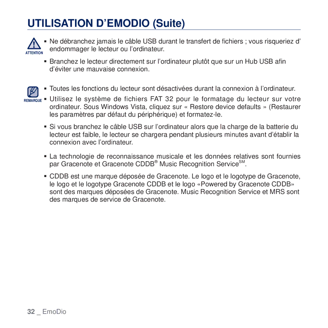 Samsung YP-Q2JEB/XEF, YP-Q2JCB/XAA, YP-Q2JEW/XEF, YP-Q2JCW/XEF, YP-Q2JCB/XEF, YP-Q2JAB/XEF manual Utilisation D’EMODIO Suite 