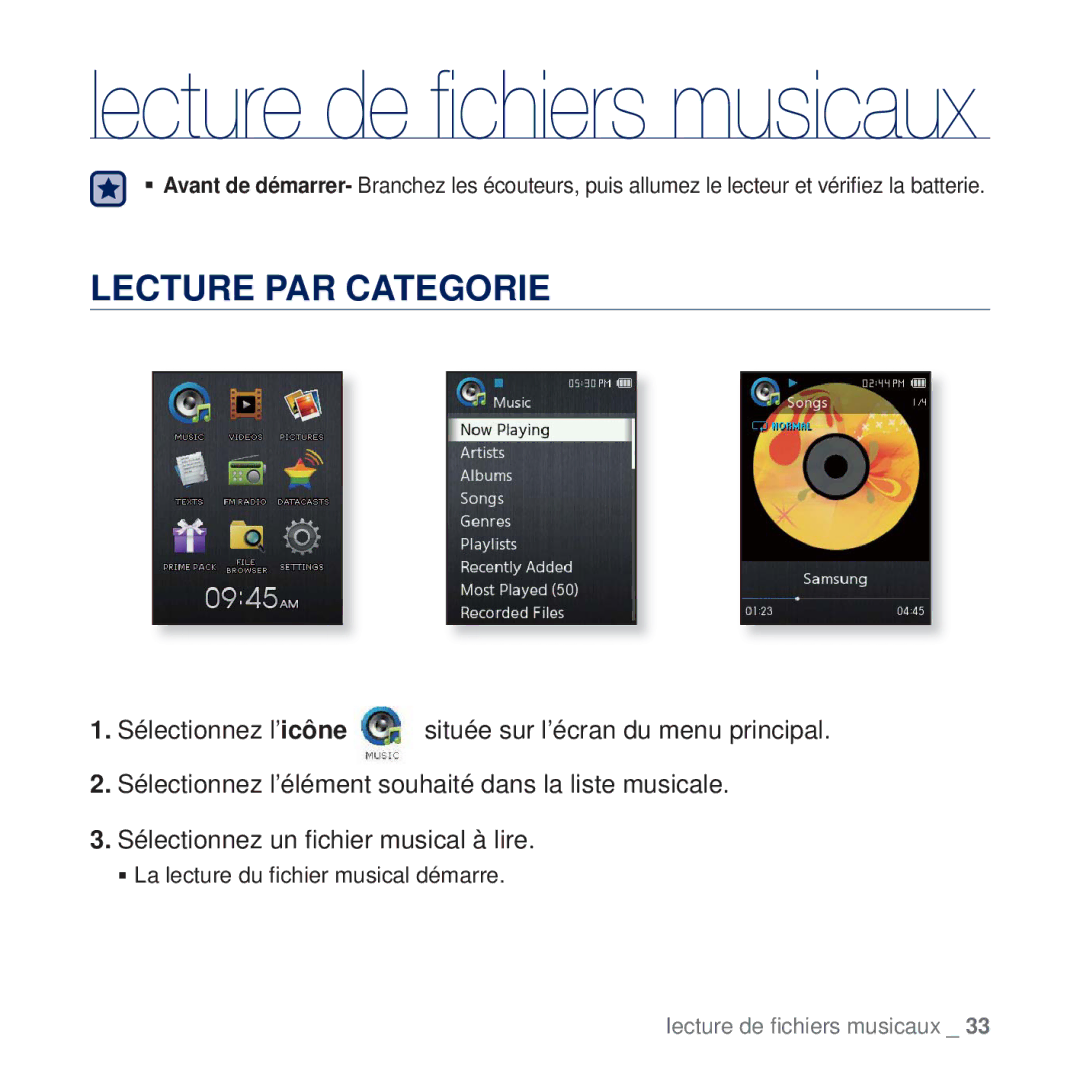 Samsung YP-Q2JAB/XEF, YP-Q2JCB/XAA, YP-Q2JEW/XEF, YP-Q2JCW/XEF manual Lecture de ﬁchiers musicaux, Lecture PAR Categorie 