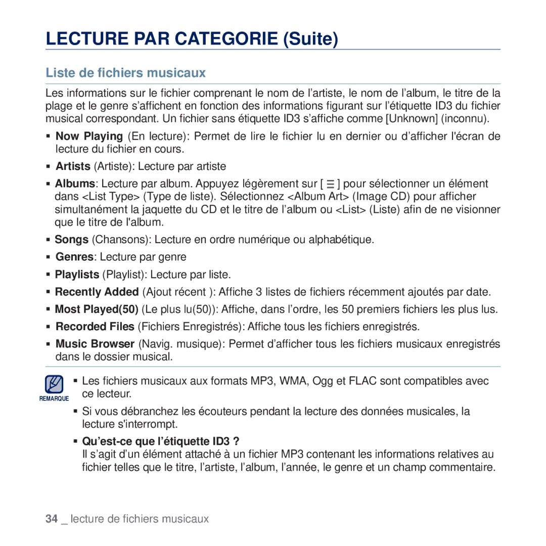 Samsung YP-Q2JAW/XEF manual Lecture PAR Categorie Suite, Liste de ﬁchiers musicaux, ƒ Qu’est-ce que l’étiquette ID3 ? 