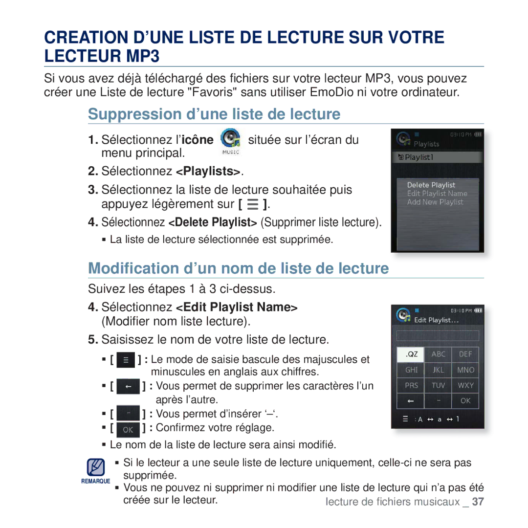 Samsung YP-Q2JCW/XEF manual Creation D’UNE Liste DE Lecture SUR Votre Lecteur MP3, Suppression d’une liste de lecture 