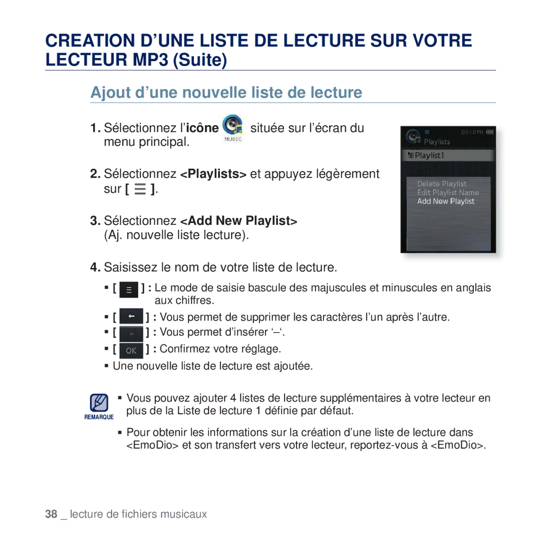 Samsung YP-Q2JCB/XEF Creation D’UNE Liste DE Lecture SUR Votre Lecteur MP3 Suite, Ajout d’une nouvelle liste de lecture 