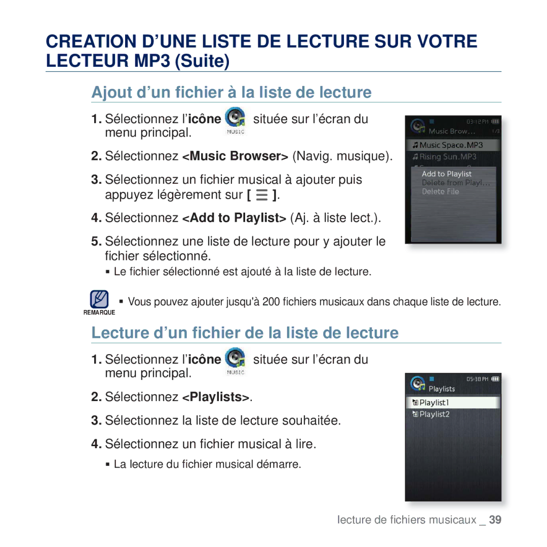 Samsung YP-Q2JEB/XEF, YP-Q2JCB/XAA Ajout d’un ﬁchier à la liste de lecture, Lecture d’un ﬁchier de la liste de lecture 