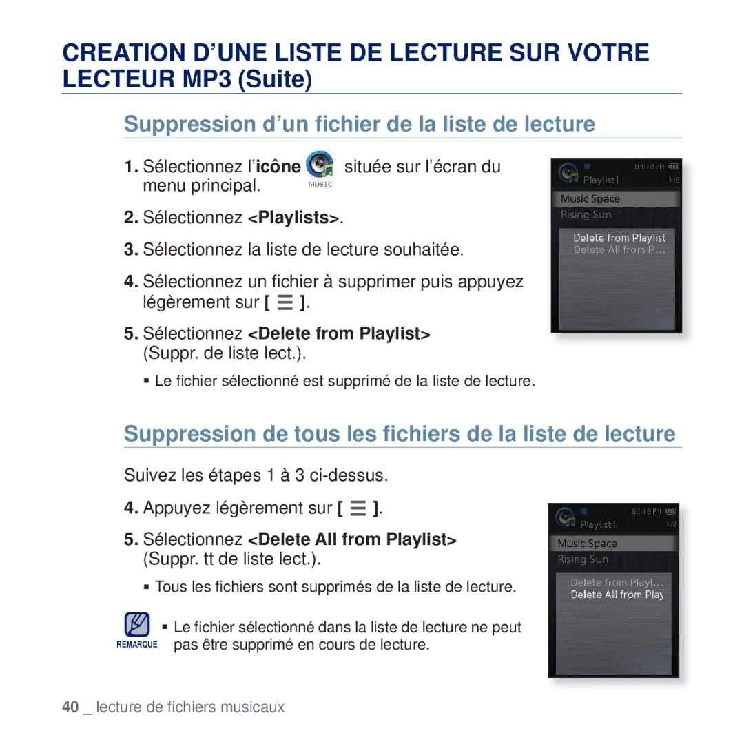 Samsung YP-Q2JAB/XEF, YP-Q2JCB/XAA, YP-Q2JEW/XEF, YP-Q2JCW/XEF, YP-Q2JCB/XEF Suppression d’un ﬁchier de la liste de lecture 