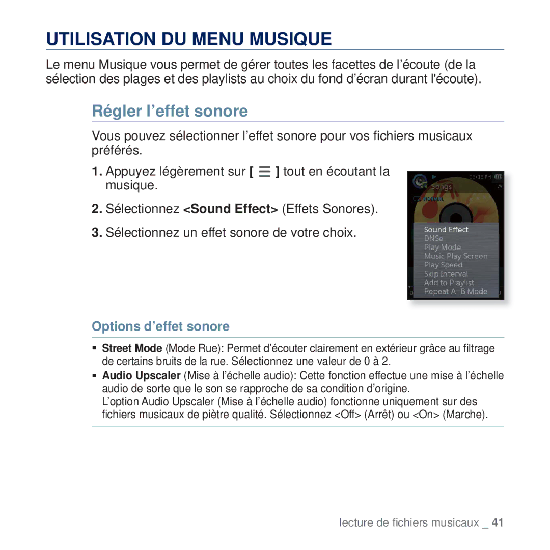 Samsung YP-Q2JAW/XEF, YP-Q2JCB/XAA, YP-Q2JEW/XEF Utilisation DU Menu Musique, Régler l’effet sonore, Options d’effet sonore 