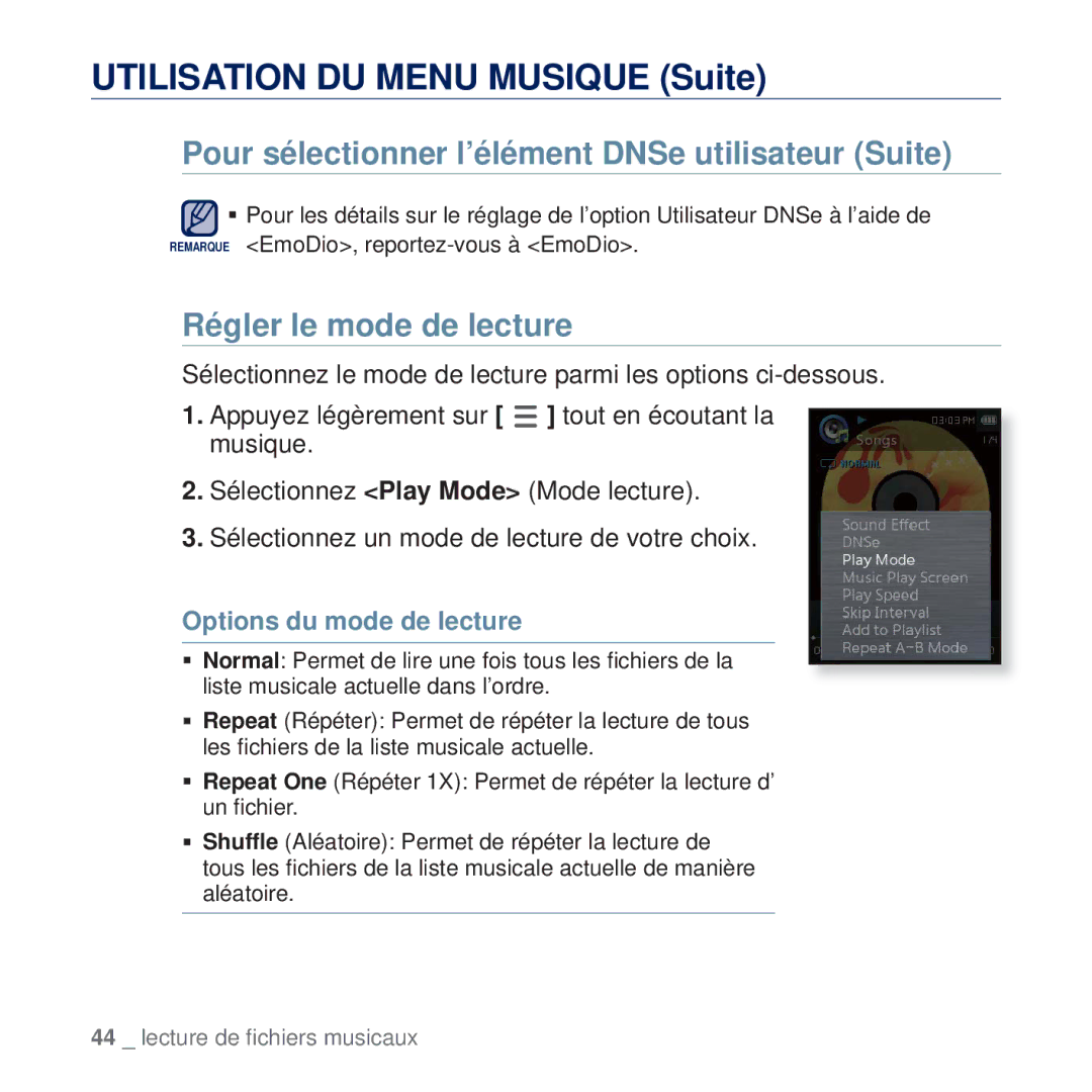 Samsung YP-Q2JCW/XEF, YP-Q2JCB/XAA manual Pour sélectionner l’élément DNSe utilisateur Suite, Régler le mode de lecture 