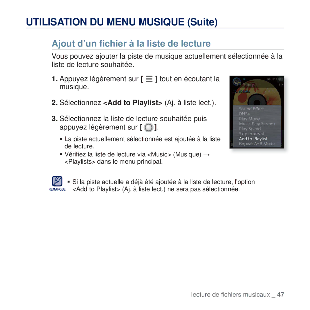 Samsung YP-Q2JAB/XEF, YP-Q2JCB/XAA, YP-Q2JEW/XEF, YP-Q2JCW/XEF, YP-Q2JCB/XEF manual Ajout d’un ﬁchier à la liste de lecture 