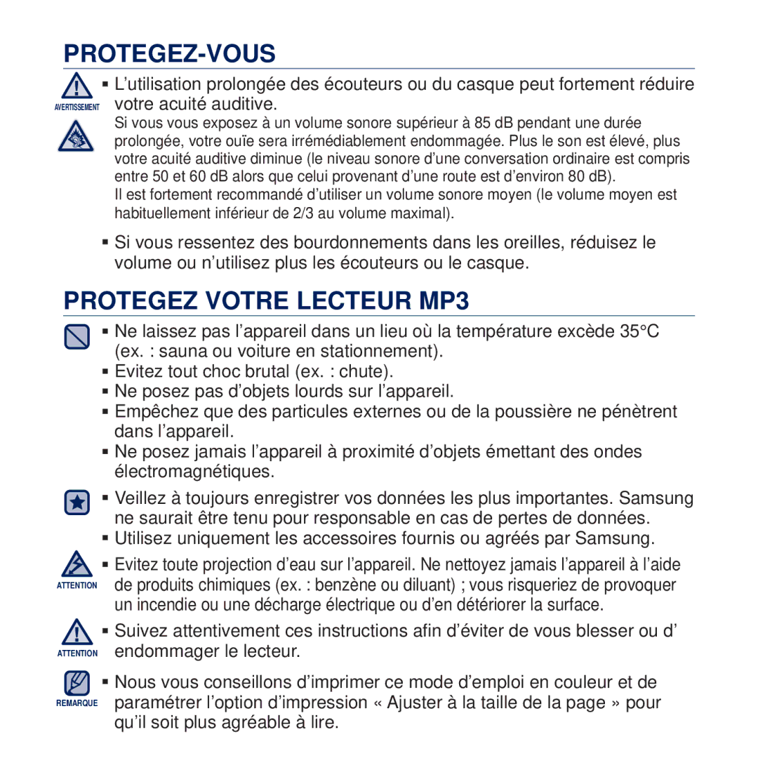 Samsung YP-Q2JAB/XEF, YP-Q2JCB/XAA, YP-Q2JEW/XEF, YP-Q2JCW/XEF, YP-Q2JCB/XEF, YP-Q2JEB/XEF manual Protegez Votre Lecteur MP3 