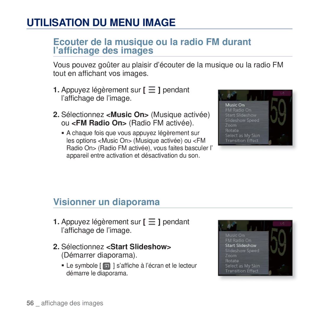 Samsung YP-Q2JCB/XAA, YP-Q2JEW/XEF, YP-Q2JCW/XEF, YP-Q2JCB/XEF manual Utilisation DU Menu Image, Visionner un diaporama 