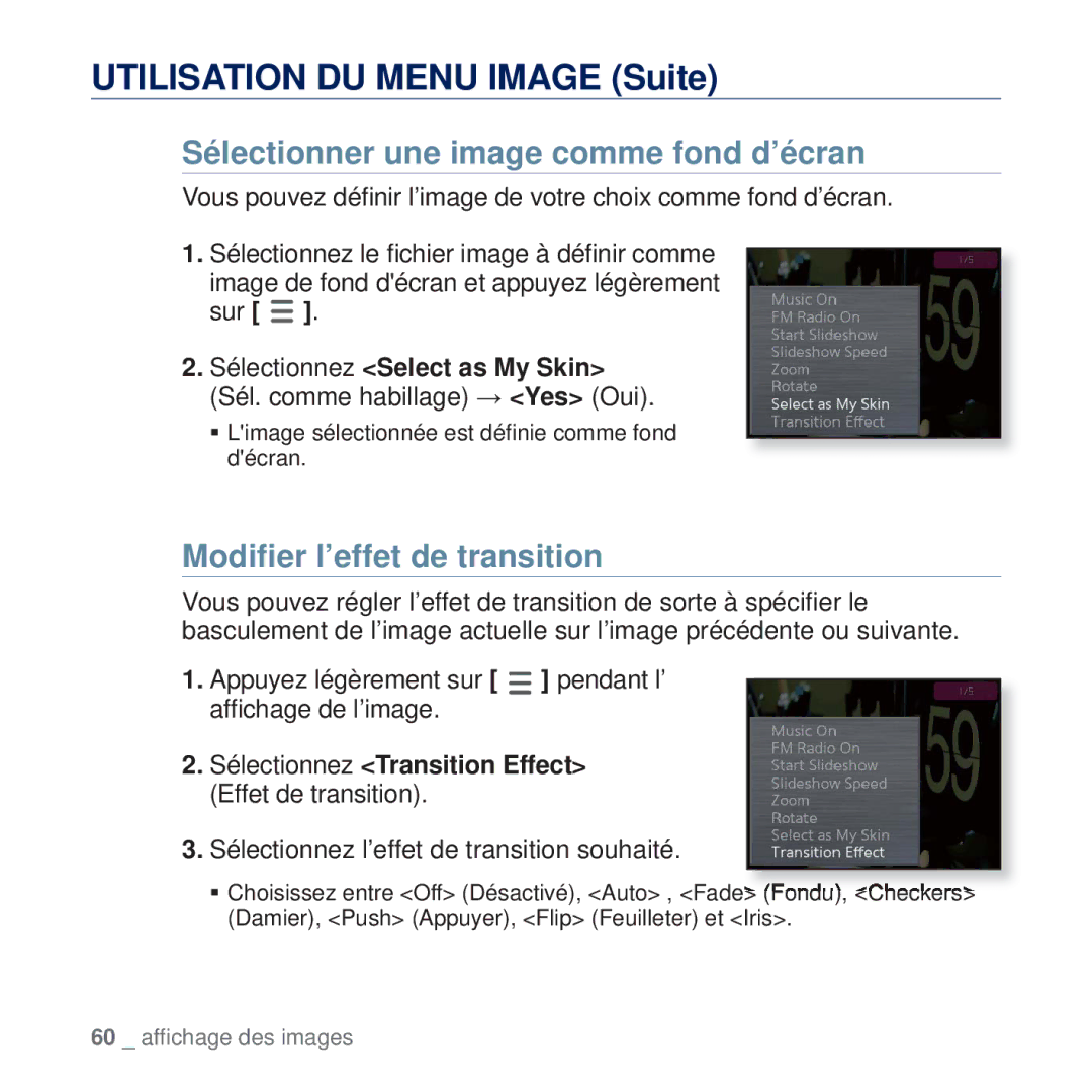 Samsung YP-Q2JEB/XEF, YP-Q2JCB/XAA, YP-Q2JEW/XEF Sélectionner une image comme fond d’écran, Modiﬁer l’effet de transition 