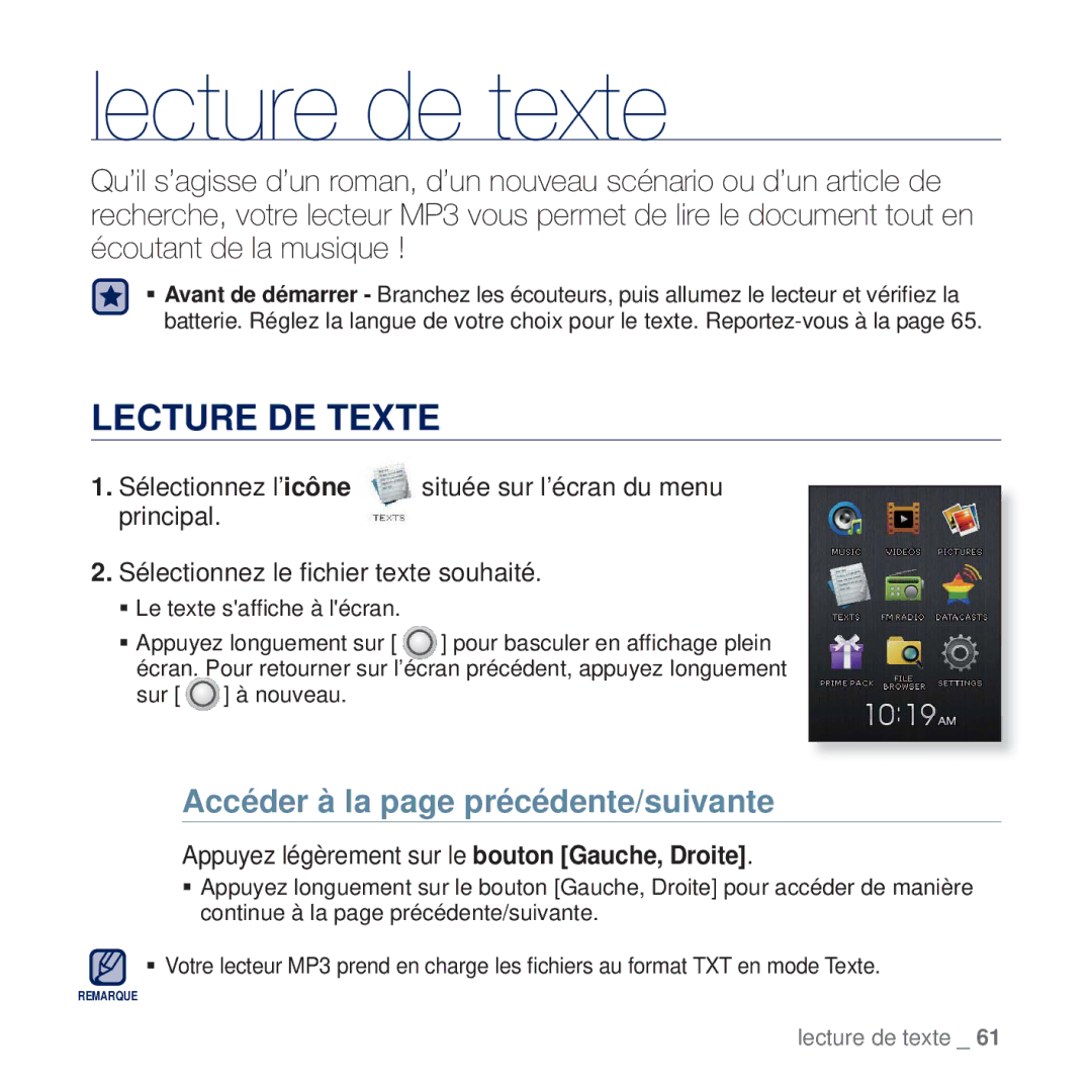 Samsung YP-Q2JAB/XEF, YP-Q2JCB/XAA, YP-Q2JEW/XEF Lecture de texte, Lecture DE Texte, Accéder à la page précédente/suivante 