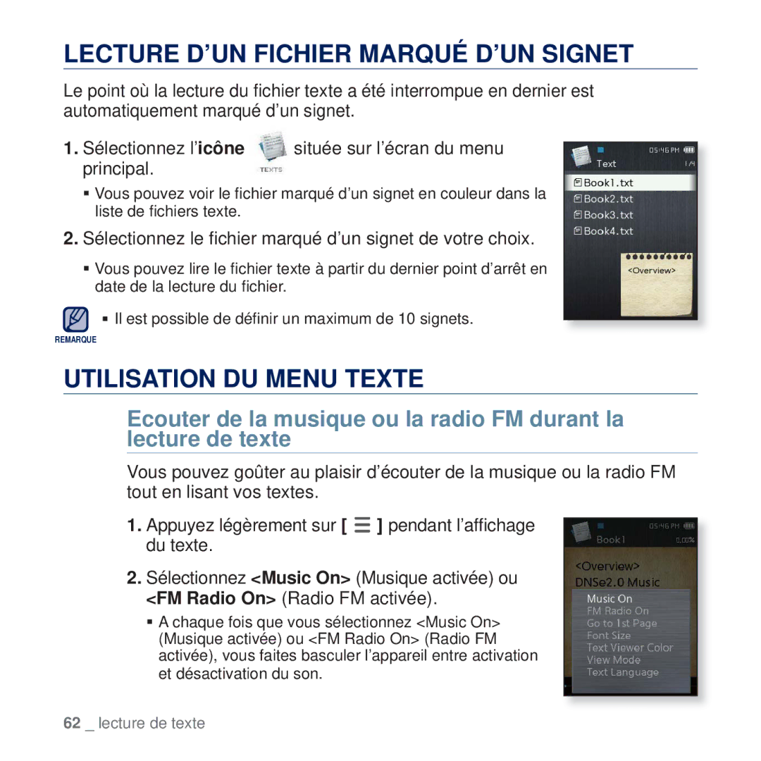 Samsung YP-Q2JAW/XEF, YP-Q2JCB/XAA, YP-Q2JEW/XEF manual Lecture D’UN Fichier Marqué D’UN Signet, Utilisation DU Menu Texte 