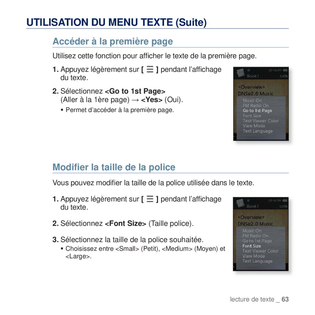 Samsung YP-Q2JCB/XAA, YP-Q2JEW/XEF Utilisation DU Menu Texte Suite, Accéder à la première, Modiﬁer la taille de la police 