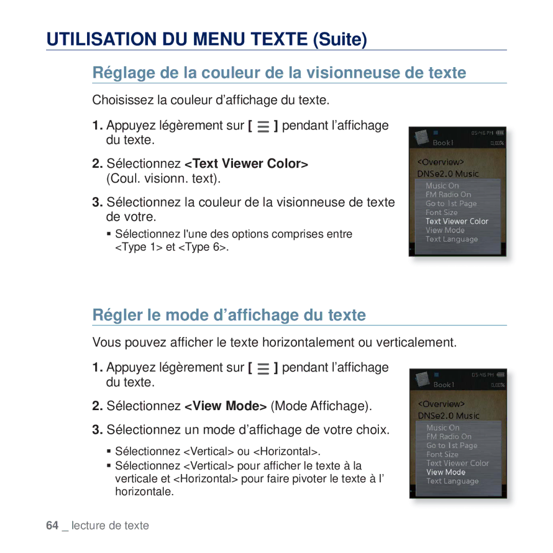 Samsung YP-Q2JEW/XEF, YP-Q2JCB/XAA Réglage de la couleur de la visionneuse de texte, Régler le mode d’afﬁchage du texte 