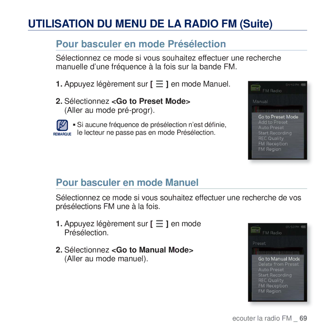 Samsung YP-Q2JAW/XEF, YP-Q2JCB/XAA manual Utilisation DU Menu DE LA Radio FM Suite, Pour basculer en mode Présélection 