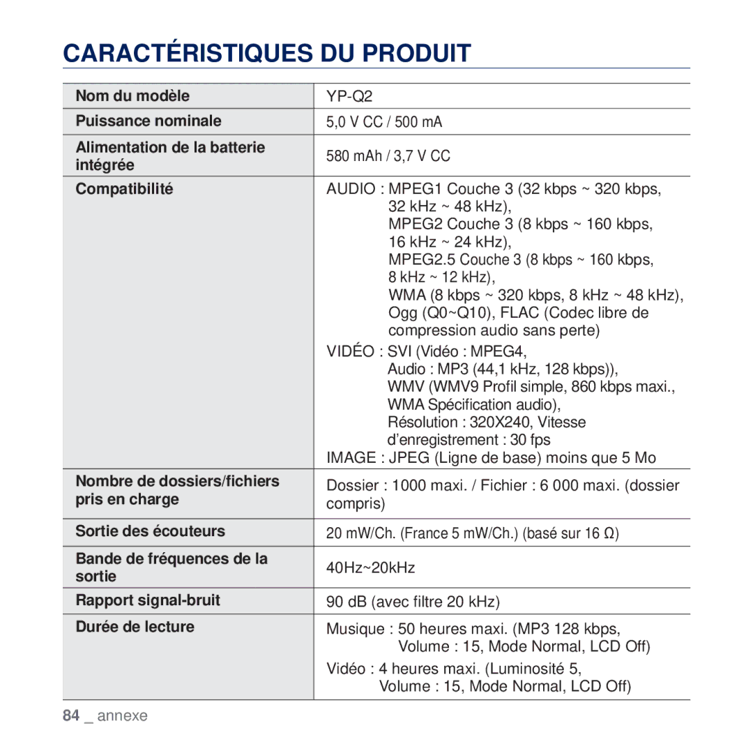 Samsung YP-Q2JCB/XAA, YP-Q2JEW/XEF, YP-Q2JCW/XEF, YP-Q2JCB/XEF, YP-Q2JEB/XEF, YP-Q2JAB/XEF manual Caractéristiques DU Produit 