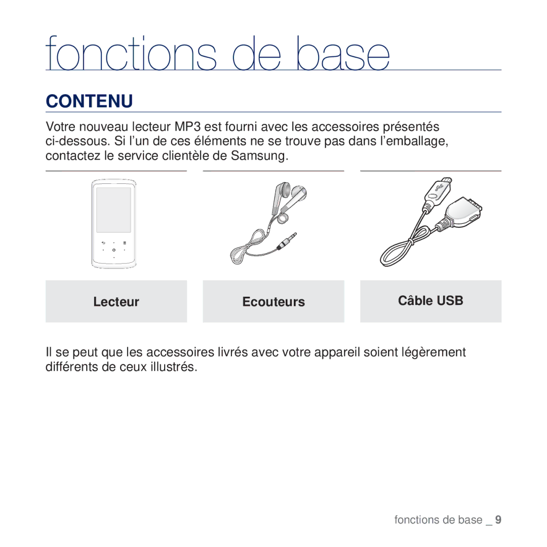 Samsung YP-Q2JCW/XEF, YP-Q2JCB/XAA, YP-Q2JEW/XEF, YP-Q2JCB/XEF, YP-Q2JEB/XEF Fonctions de base, Contenu, Lecteur Ecouteurs 