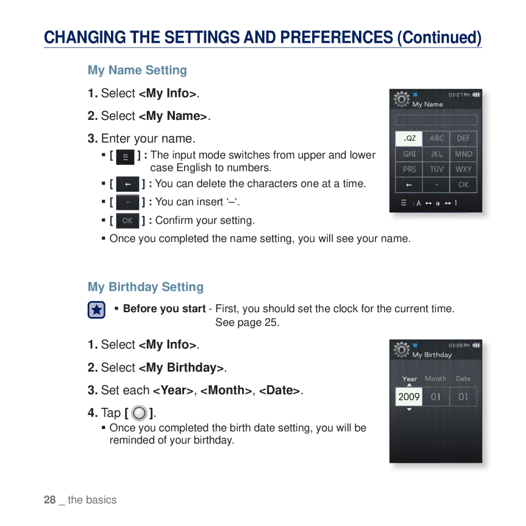 Samsung YP-Q2JCB/XEF manual My Name Setting, Select My Info Select My Name, Enter your name, My Birthday Setting, Tap 