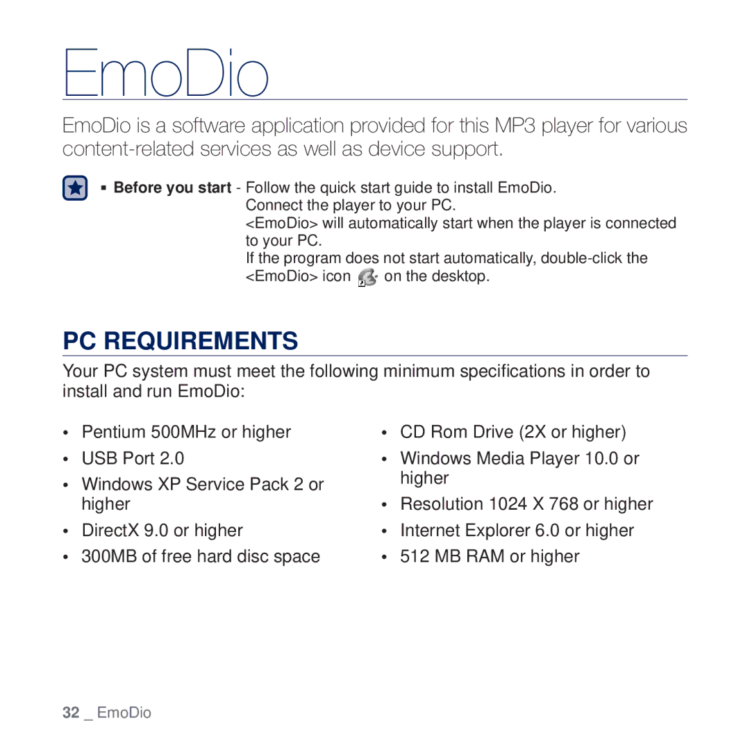 Samsung YP-Q2JCW/XEF, YP-Q2JCB/XAA, YP-Q2JEW/XEF, YP-Q2JCB/XEF, YP-Q2JEB/XEF manual EmoDio, PC Requirements 