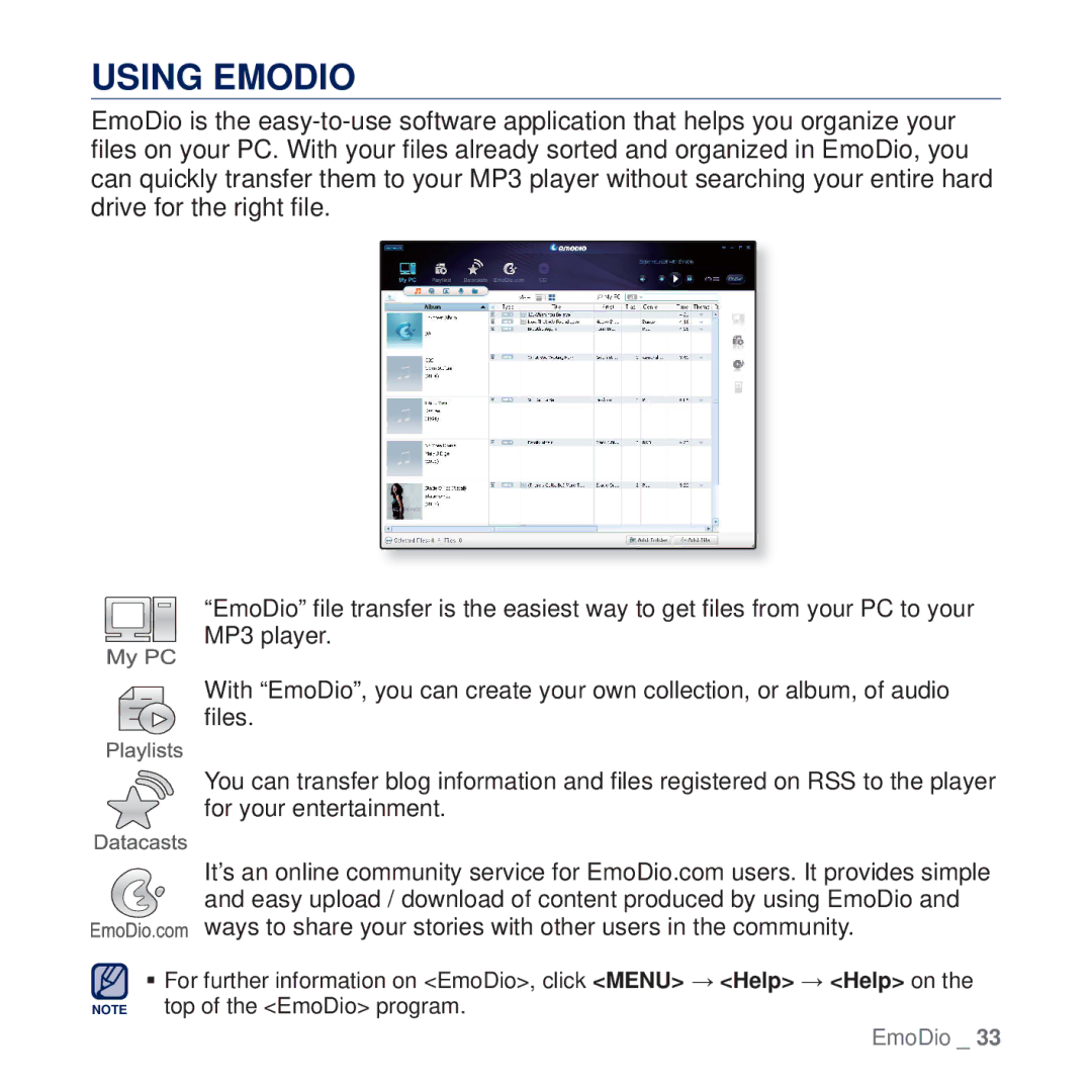 Samsung YP-Q2JCB/XEF, YP-Q2JCB/XAA, YP-Q2JEW/XEF, YP-Q2JCW/XEF, YP-Q2JEB/XEF manual Using Emodio 